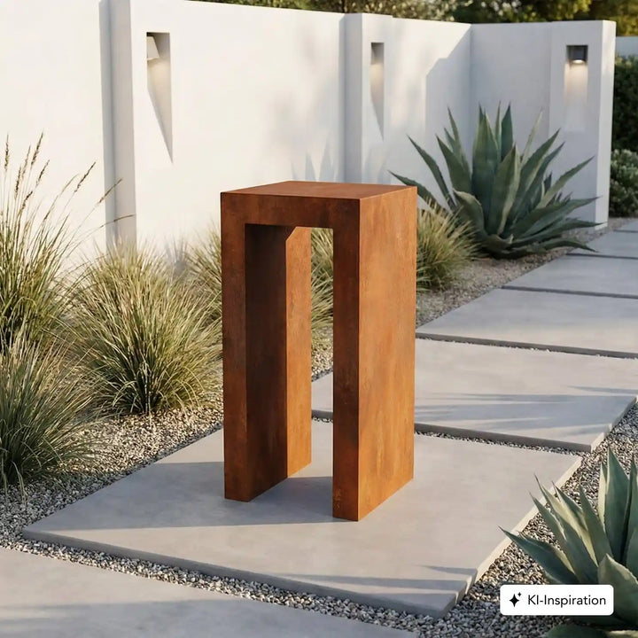 Minimalistischer Cortenstahl Sockel auf einem Weg in einem Garten