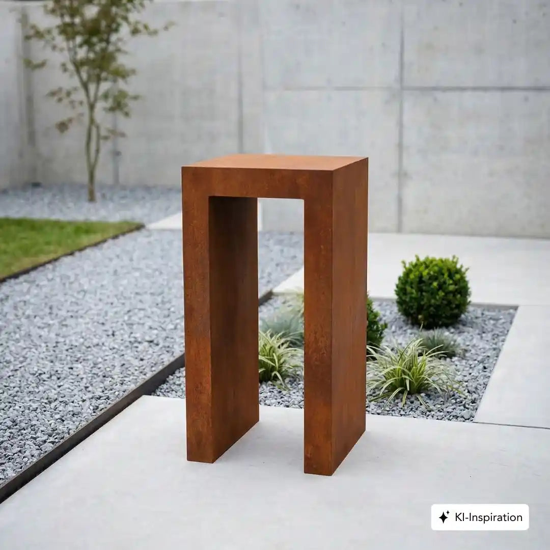 Simpler Sockel aus Cortenstahl in einem minimalistischen Garten
