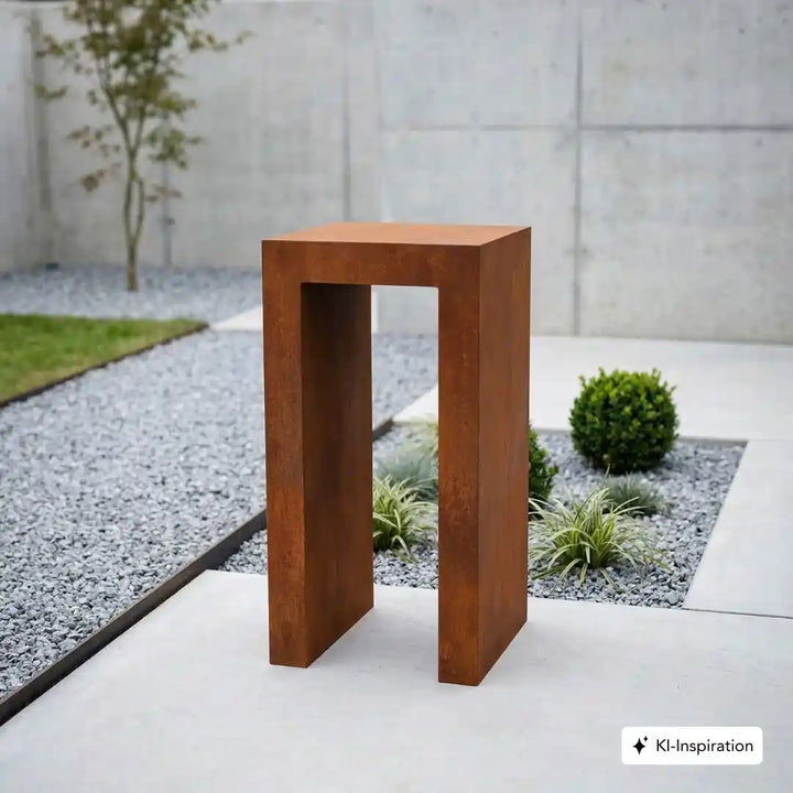 Simpler Sockel aus Cortenstahl in einem minimalistischen Garten