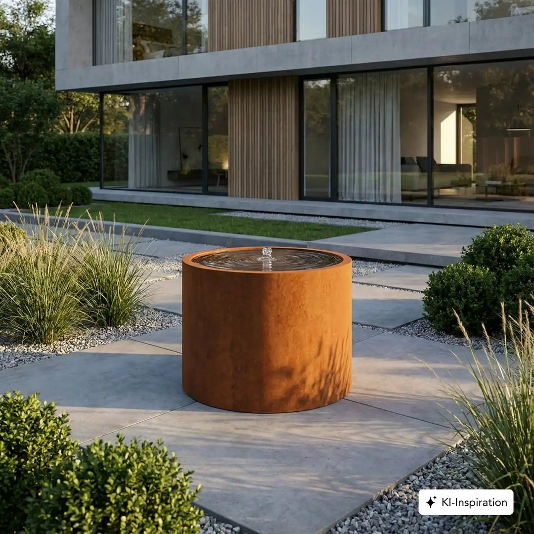 Runder Cortenstahl Wassertisch vor einem luxurioesen Haus