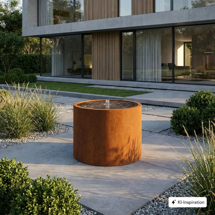 Runder Cortenstahl Wassertisch vor einem luxurioesen Haus