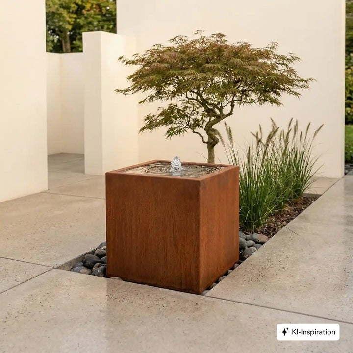 Quadratischer Wassertisch aus Cortenstahl in einem minimalistischem Garten