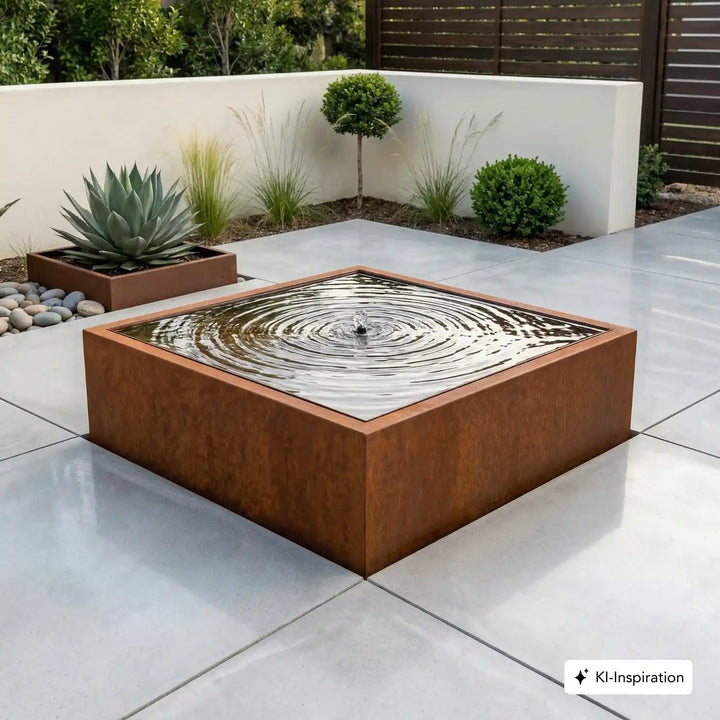 Quadratischer Cortenstahl Wassertisch/Gartenbrunnen umrahmt von Betonplatten