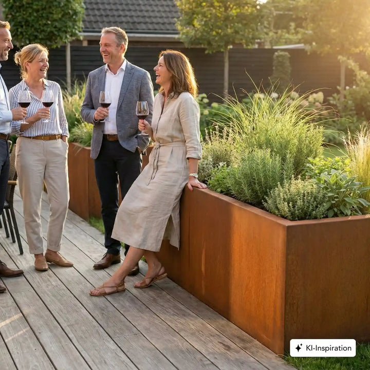 Menschen lachen und trinken gemeinsam Wein auf einer Terrasse mit einem Cortenstahl Hochbeet im Hintergrund