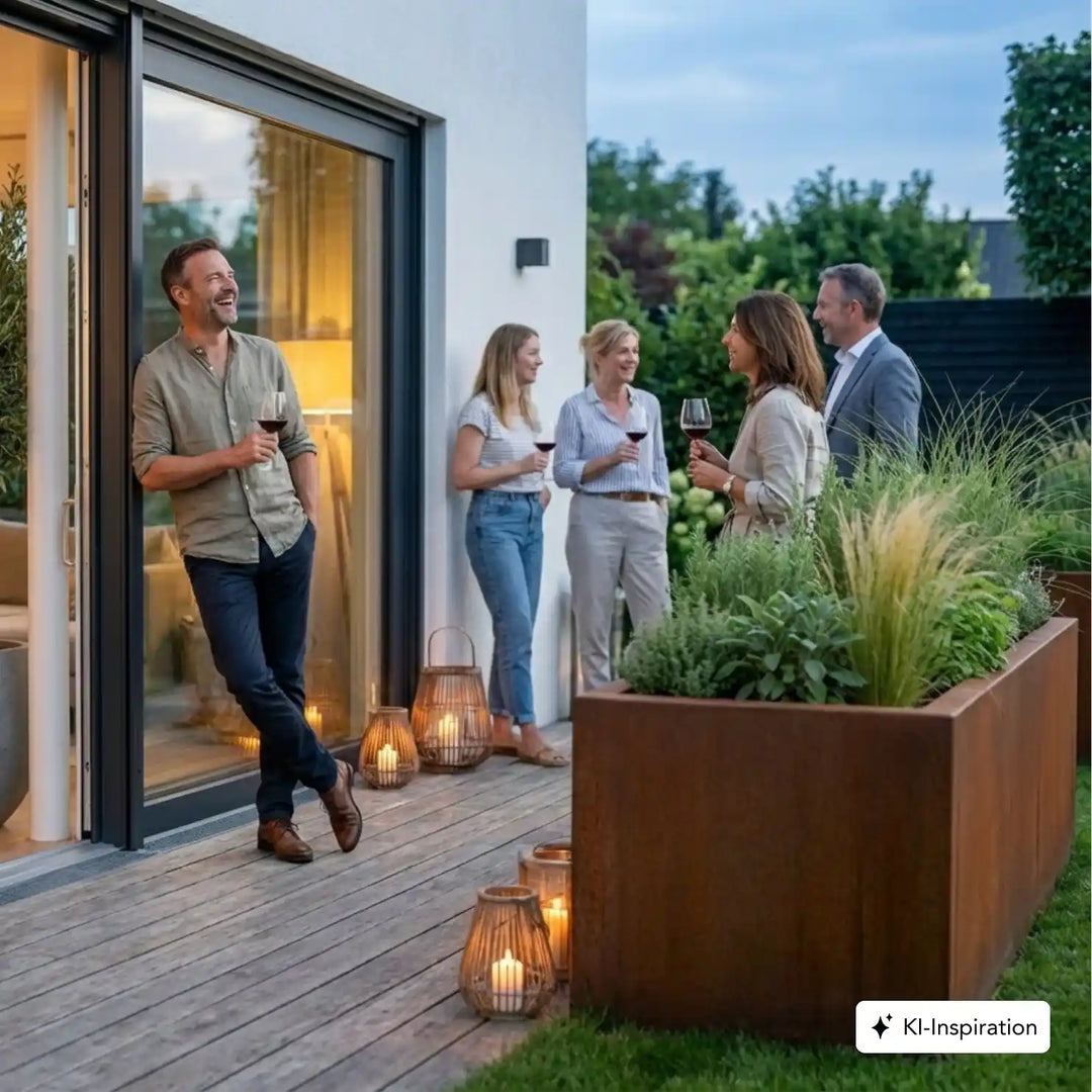 5 Personen haben ein angeregtes Gespräch auf der Terrasse mit einem Cortenstahl Hochbeet im Bild