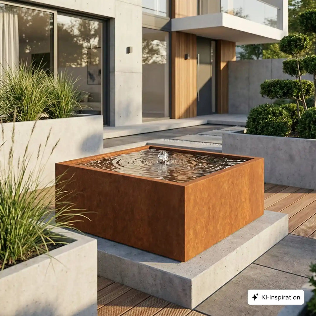 Wassertisch / Gartenbrunnen aus Cortenstahl auf einer Terrasse
