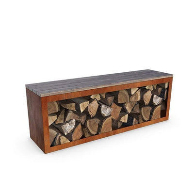 Cortenstahl Sitzbank mit Holzlager